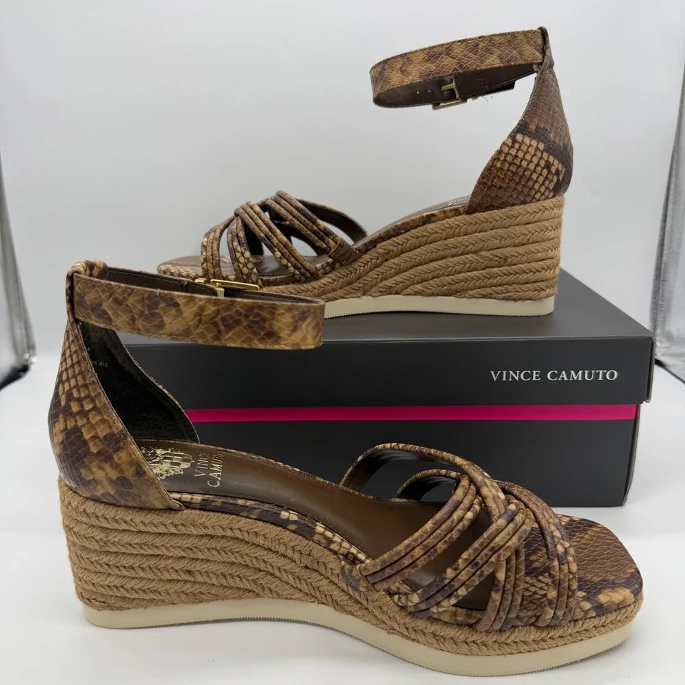 Vince Camuto Jilesa Serpent Snake Espadrille Wedge Sandal Brown 9W New